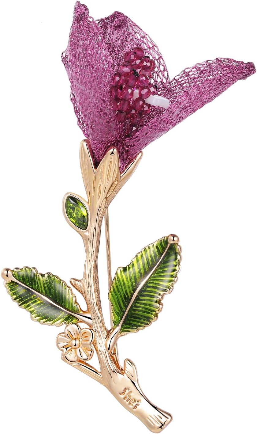 SHE'S FREE STYLE JUST FOR YOU Bougainvillea Brooch, Artistic Floral Brooches and Pins for Women, 14k Gold Copper Pin with Crystal Details, Handmade Gift Jewelry