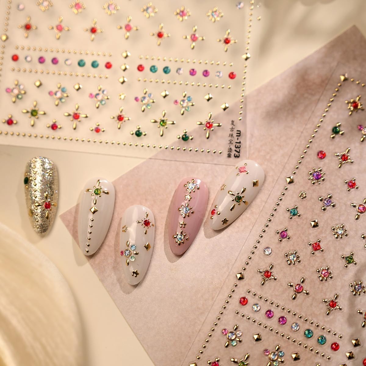 Gold Star Nail Art Stickers Colorful Diamond Nail Stickers, Gemstones Nail Decals, 5D Embossed Rhinestones Self-Adhesive Luxury Nail Decorations for Women 1 Sheet