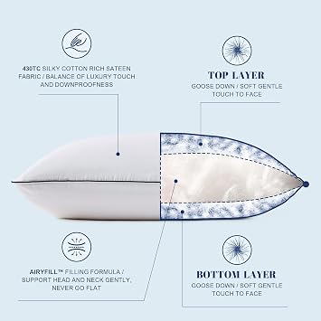 Flat Feather Down Pillows Pillows for Sleeping Queen Size Set of 1, Thin Hotel Pillow 1 Pack with AiryfilTM Fillings, Soft Bed Pillow for Stomach, Back Sleepers, Soft, 2030 in.
