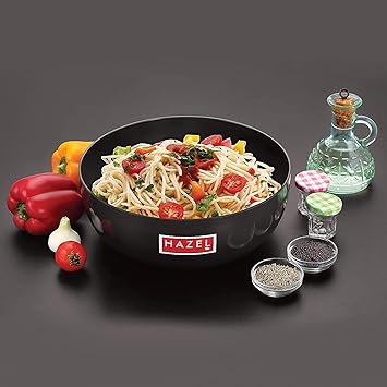 HAZEL Hard Anodised Aluminium Tasra 3 mm Deep Frying Tasla Kadai, 16.2 cm, 1000 ml, Black