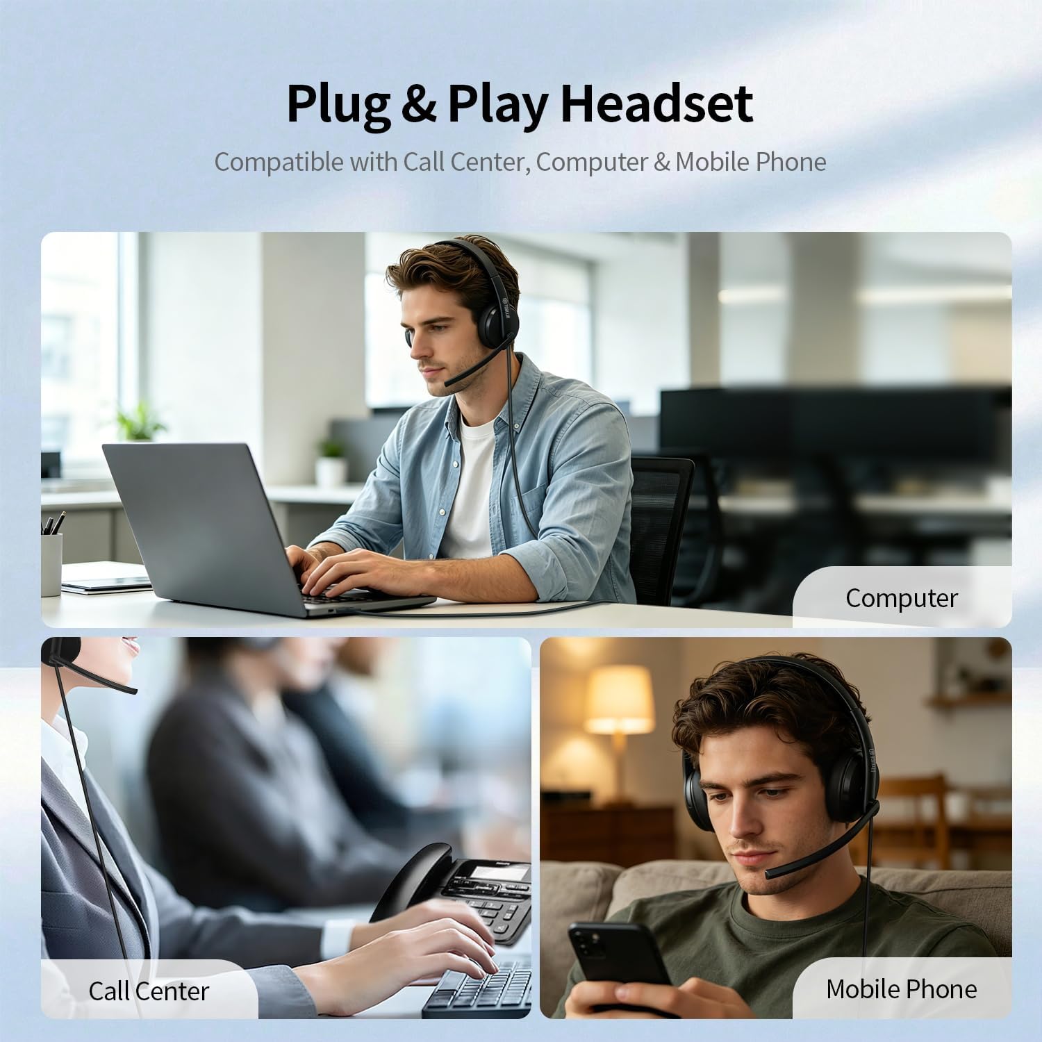 TOALLIN Wired Headset with Mic, Stereo USB Headphones with Noise-Canceling Microphone, Volume Control, One-Key Mute & Answer Calls, Works with PC, Laptop, Mac, Phone, Call Center and Office
