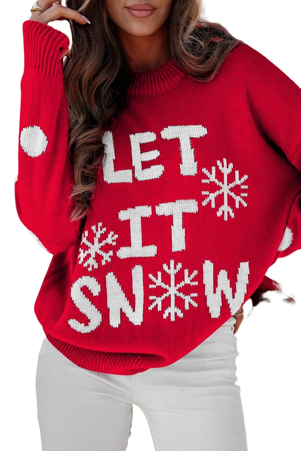 Womens Red Dahlia LET IT Snow Graphic Christmas Holiday Loose Sweater