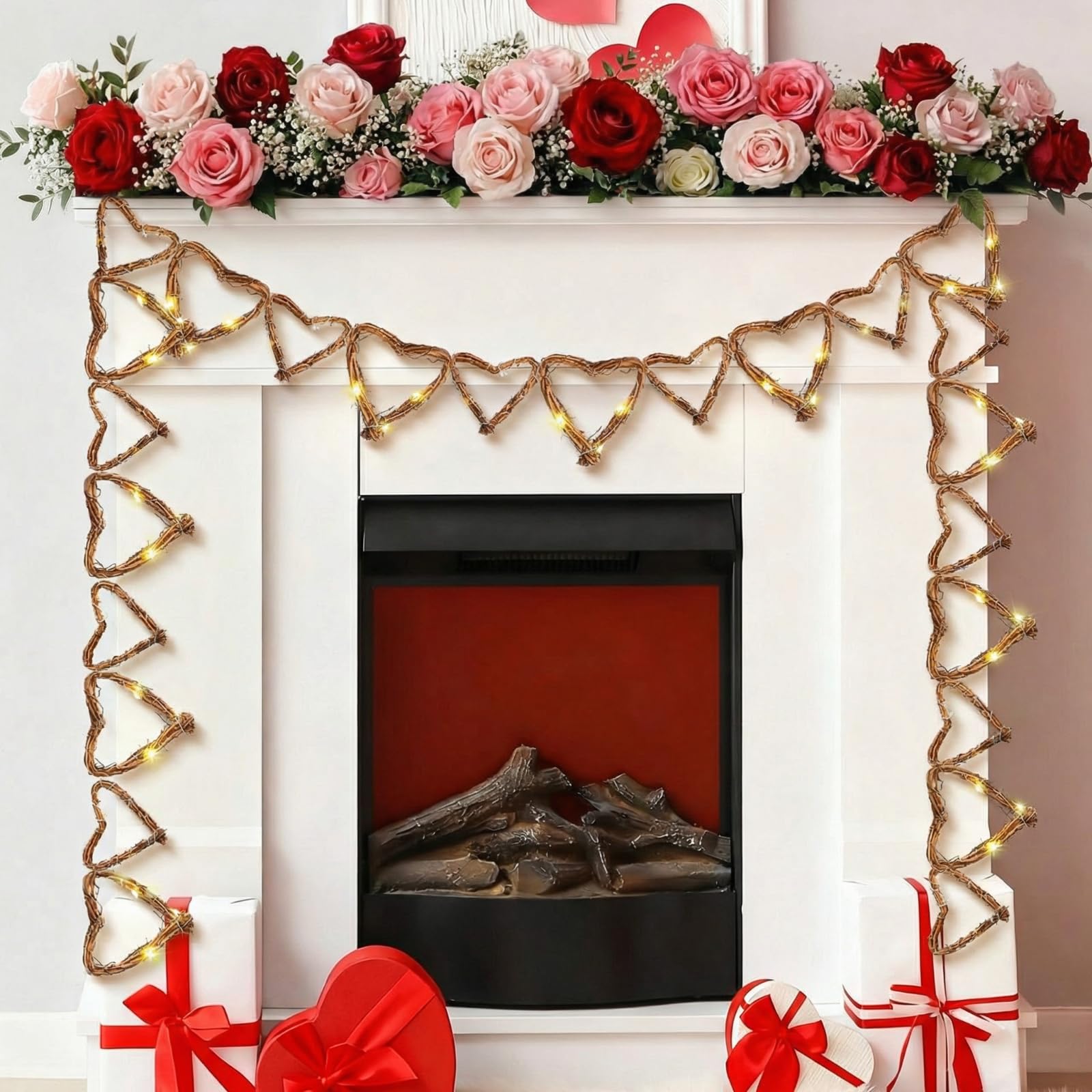 Guirlande lumineuse Saint-Valentin style rustique cœur rouge à piles 3m
