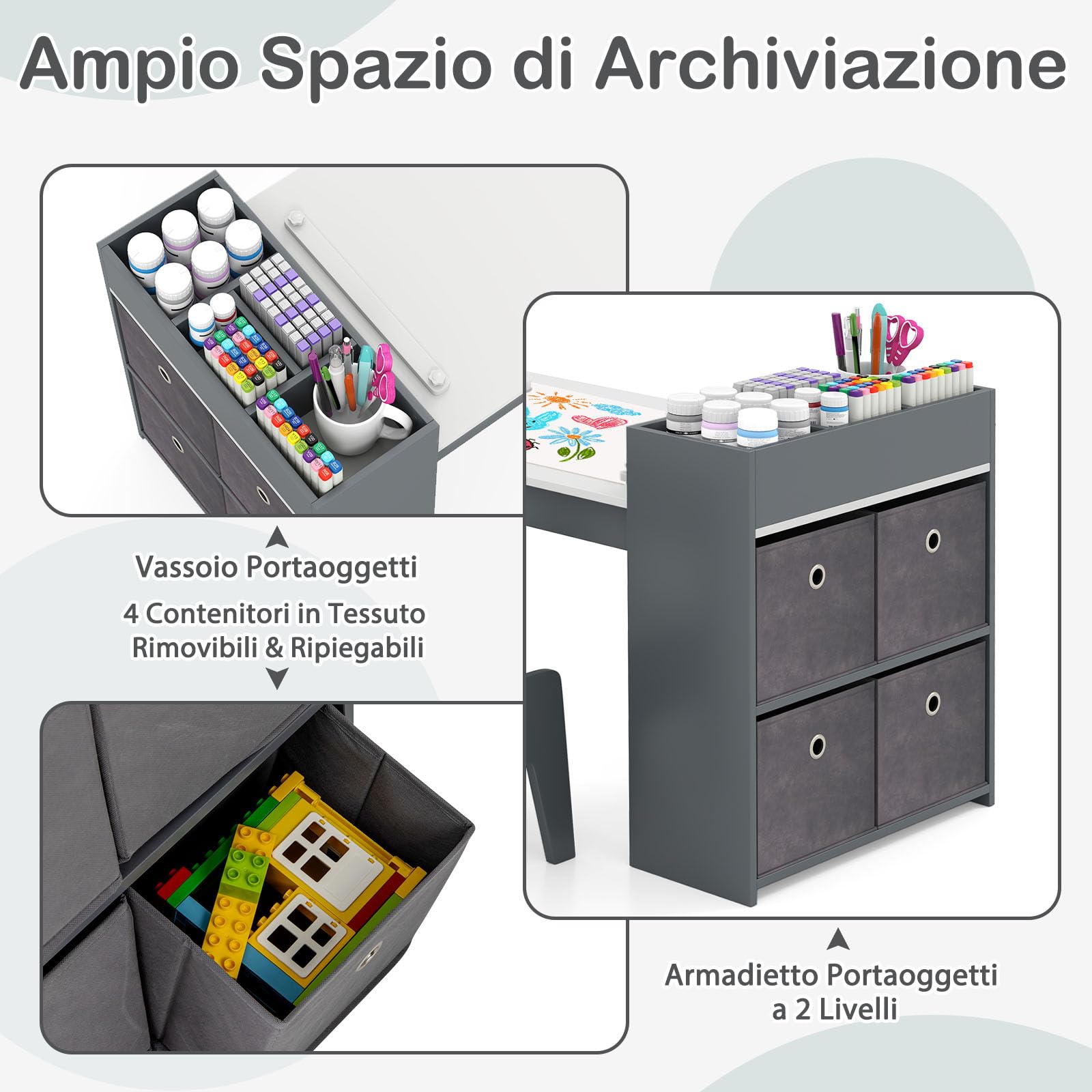 RELAX4LIFE 3 in 1 Set Tavolo e 2 Sedie per Bambini in Legno, con Rotolo di Carta, Mensole e 4 Cassetti in Tessuto, Mobile Montessori per Cameretta per Disegno e Cameretta, 100 x 50,5 x 58 cm (Grigio)