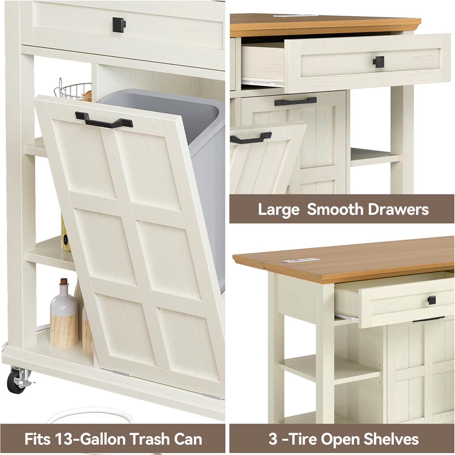 DWVO Kitchen Island with Drop Leaf, Tilt Out Trash Can Cabinet, Mobile Storage Islands with Power Outlet, Americana Rolling Island Table on Wheels with Open Shelves for Dining Room, Off White