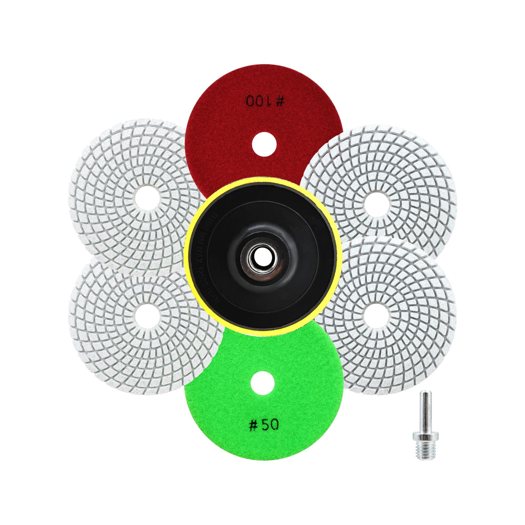 QUEFORET Diamond Polishing Pads Set 8pcs - 6pcs 100mm Wet Sanding Discs (Grit 50 x 3, Grit 100 x 3), 1pc M14 Thread Backing Pad, 1pc Adapter for Granite Marble Quartz Artificial Stone
