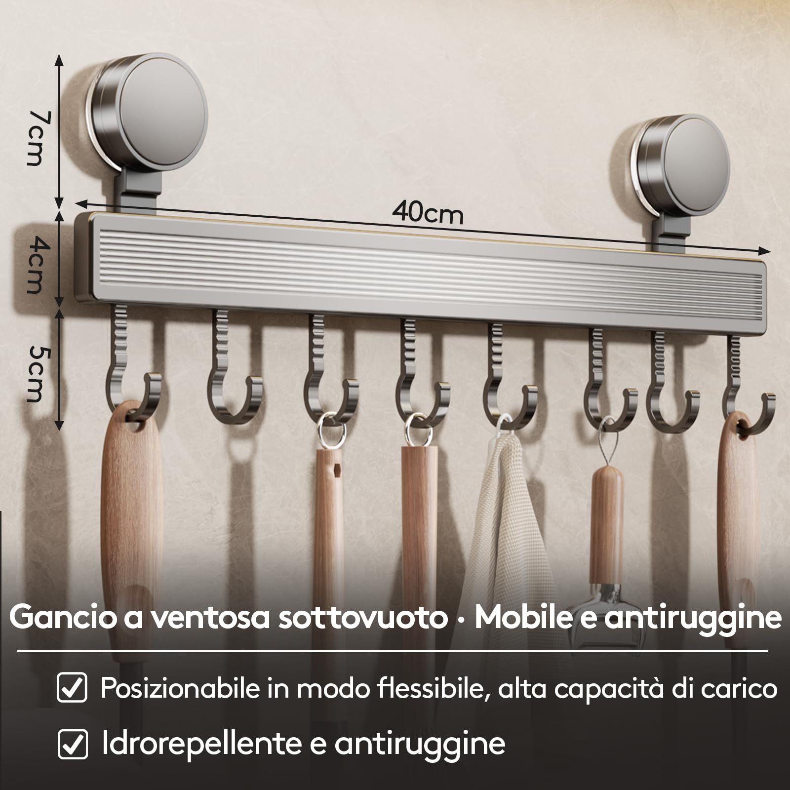 Barra a gancio per cucina senza foratura con ventosa | 8 ganci, lunghezza 40 cm, portata 20 kg, installazione in 1 minuto | Barra a gancio rimovibile inossidabile per utensili da cucina
