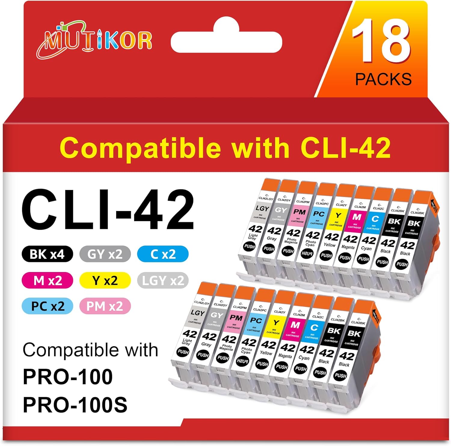 CLI 42 Ink Cartridges Compatible Replacement for Canon CLI-42 Ink Cartridges CLI42 Use with Canon Pixma Pro-100 Printers (4BK, 2C, 2M, 2Y, 2GY, 2LG, 2PC, 2PM, 18pk CLI 42 Ink)