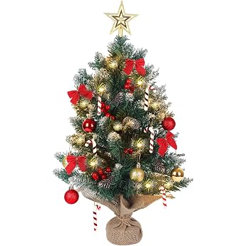 Christmas Tree with Lighting 60 cm Artificial Christmas Trees Decorated Mini Christmas Tree Fairy Lights Decoration with Christmas Bauble Pine Cones Christmas Tree Topper Christmas Decoration B