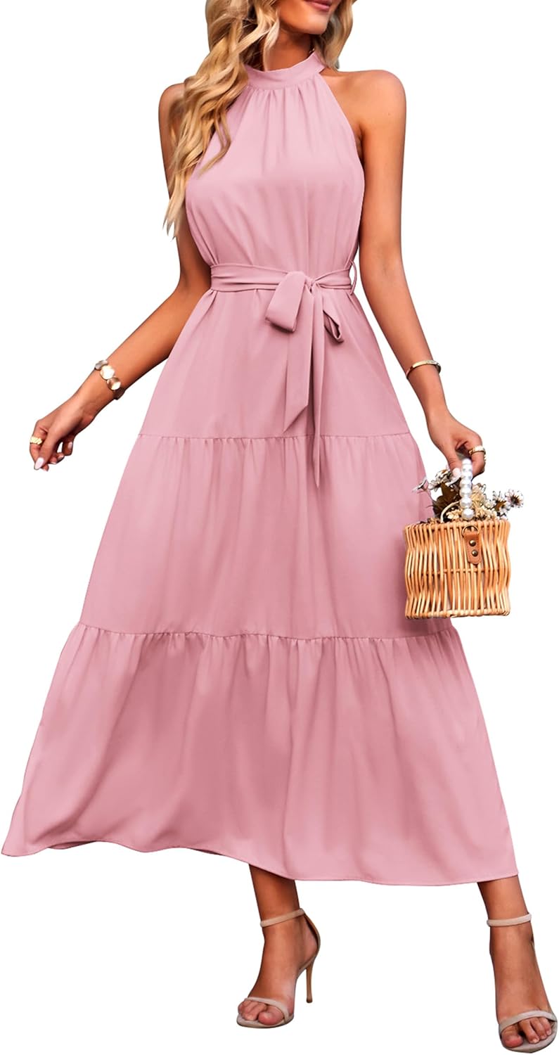 PRETTYGARDEN Women’s Summer Floral Maxi Sun Dress Sleeveless Halter Neck Flowy Ruffle Hem Long Boho Dresses with Belt