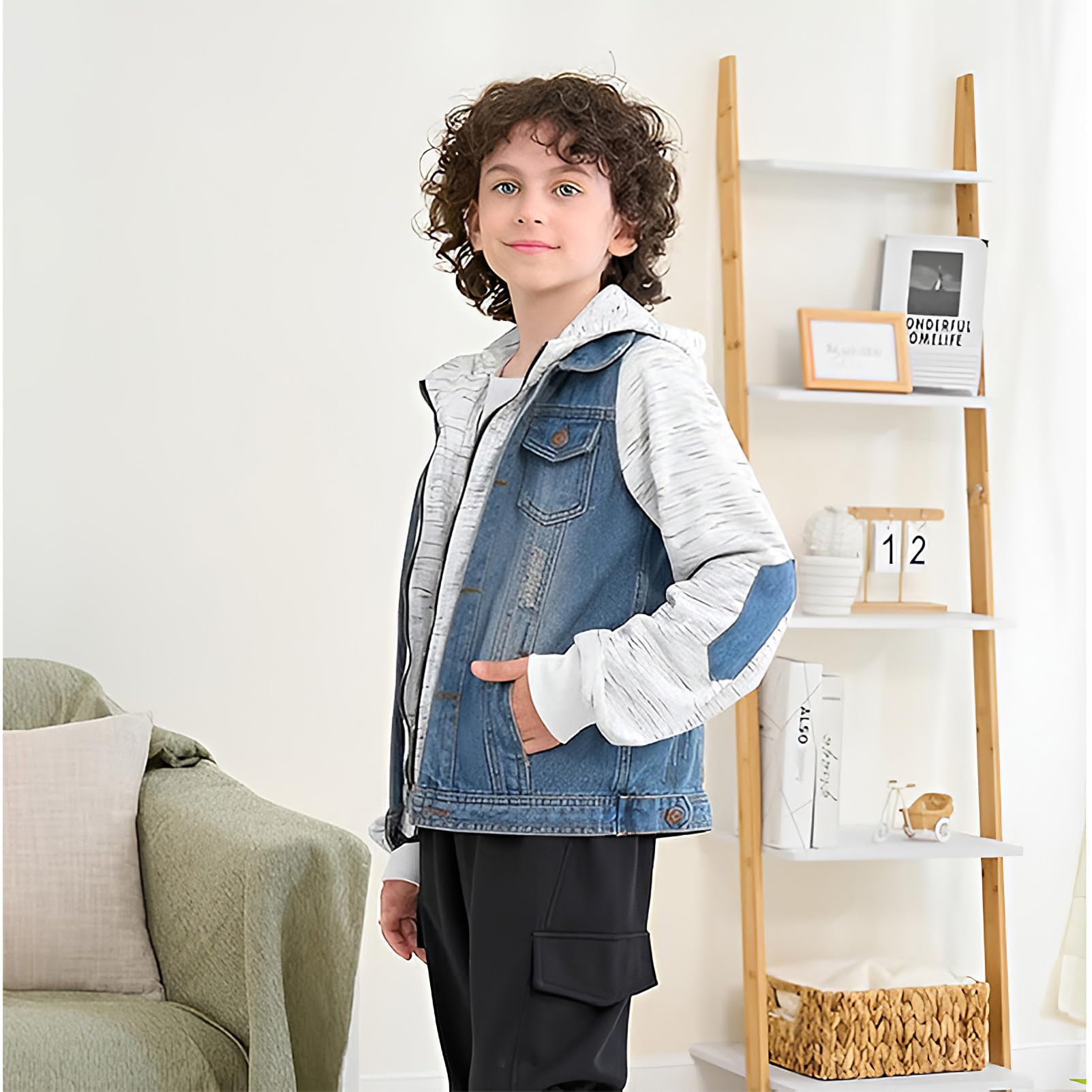 amropi Garçon Vestes en Jean à Capuche Blouson en Denim Jacket Manches Longues Boutons Hauts