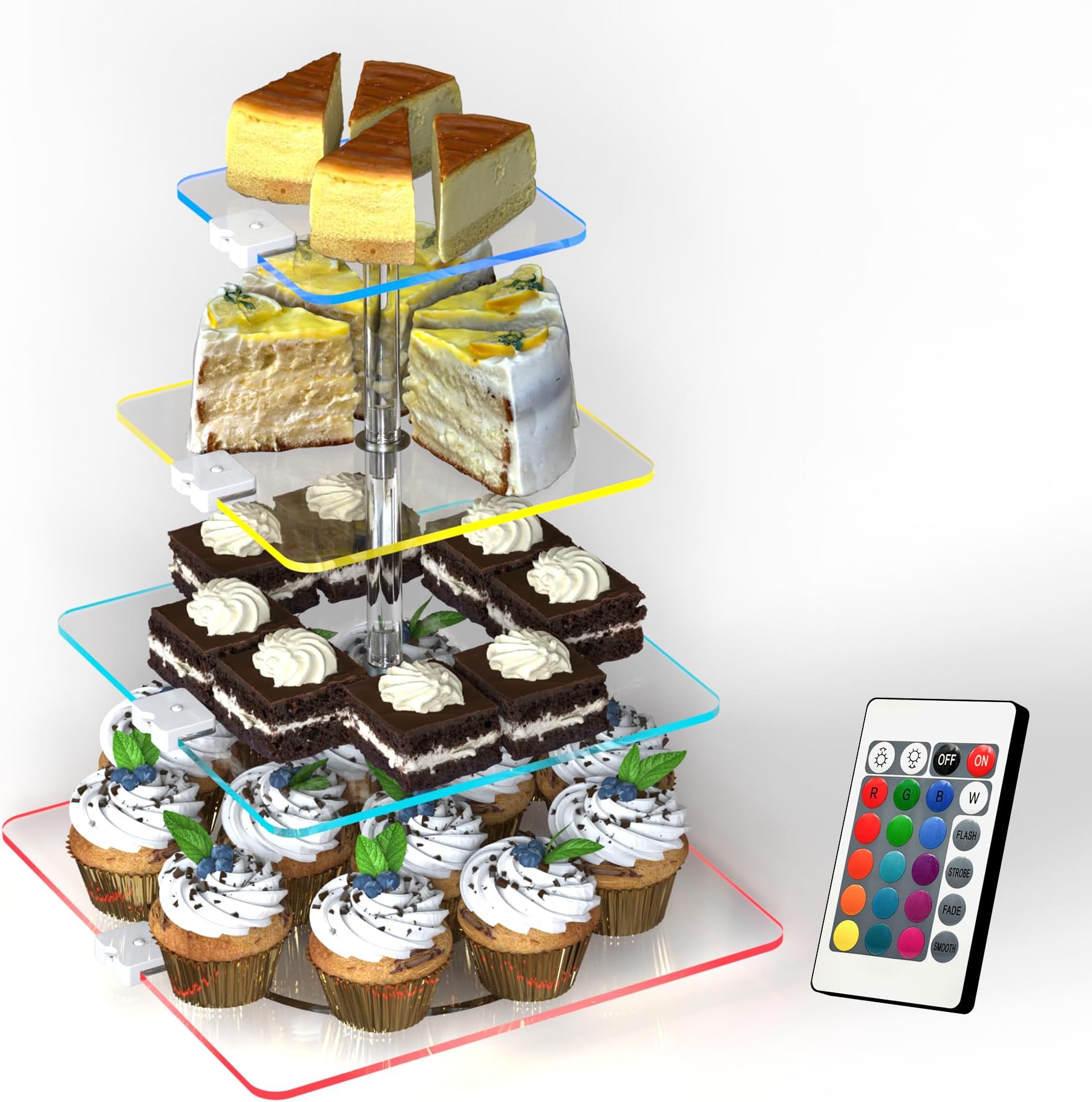 4-Tier Rotating Cupcake Stand with LED Lights - 360° Spinning Display Tower for Desserts, Cakes & Pastries - Rechargeable 7-Color Changing Serving Tray for Weddings, Parties & Festive Gatherings (Clear Acrylic)
