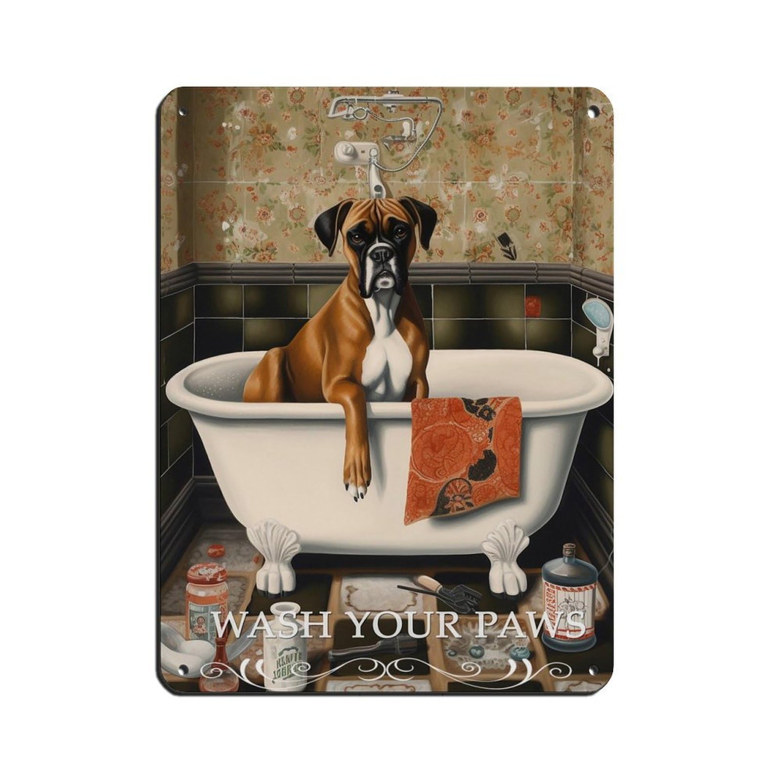 Boxer in Bath Print Fun Bathroom Art Dog Lover Gift Tin Sign Vintage Metal Pub Club Cafe Bar Home Wall Art Decoration Poster Retro 12x16inch(30x40cm)