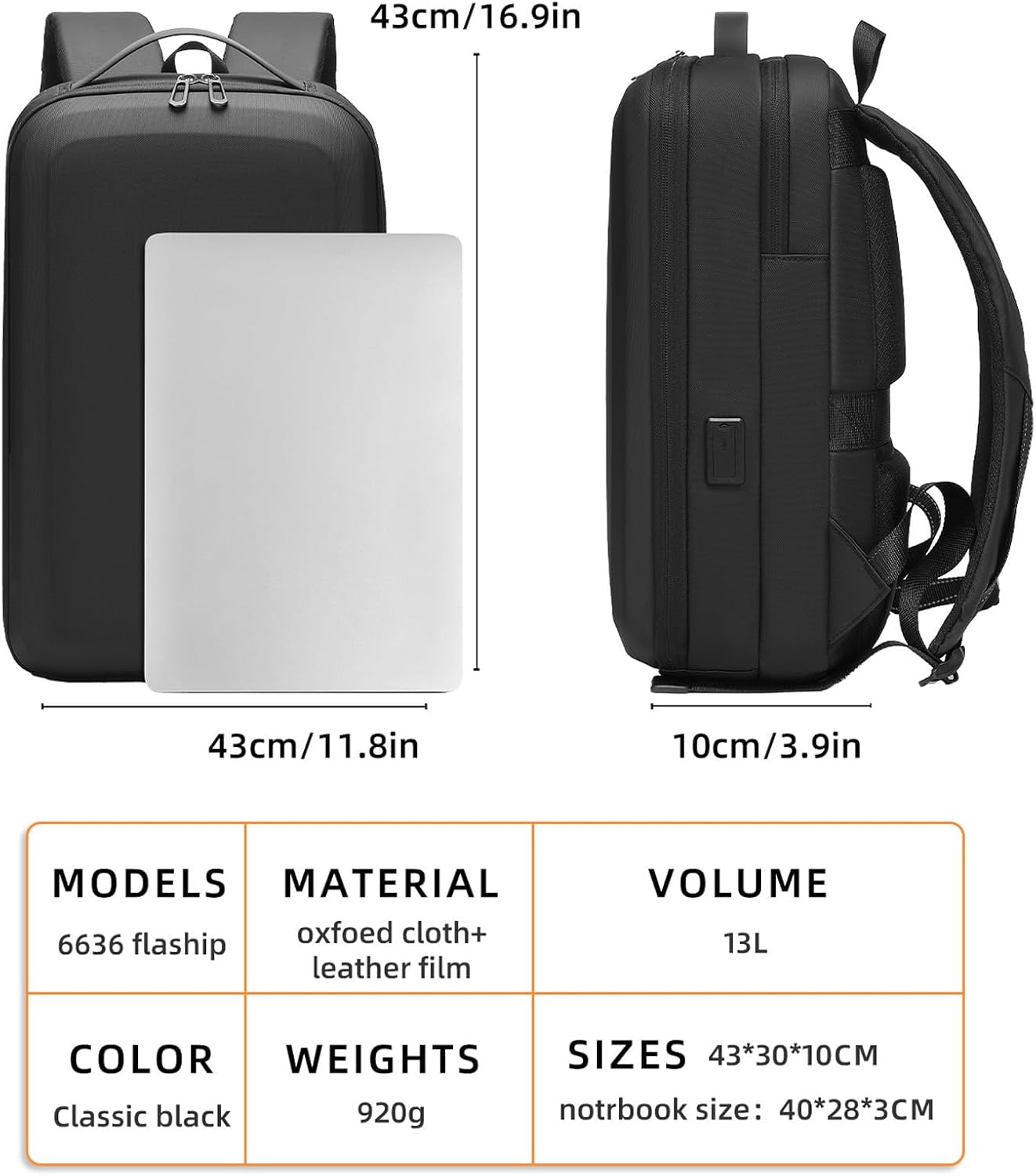 Men's EVA Semi-Hard Shell Laptop Backpack - USB-C Charging Port, for Daily Use, Commute, Work & Travel (6636)