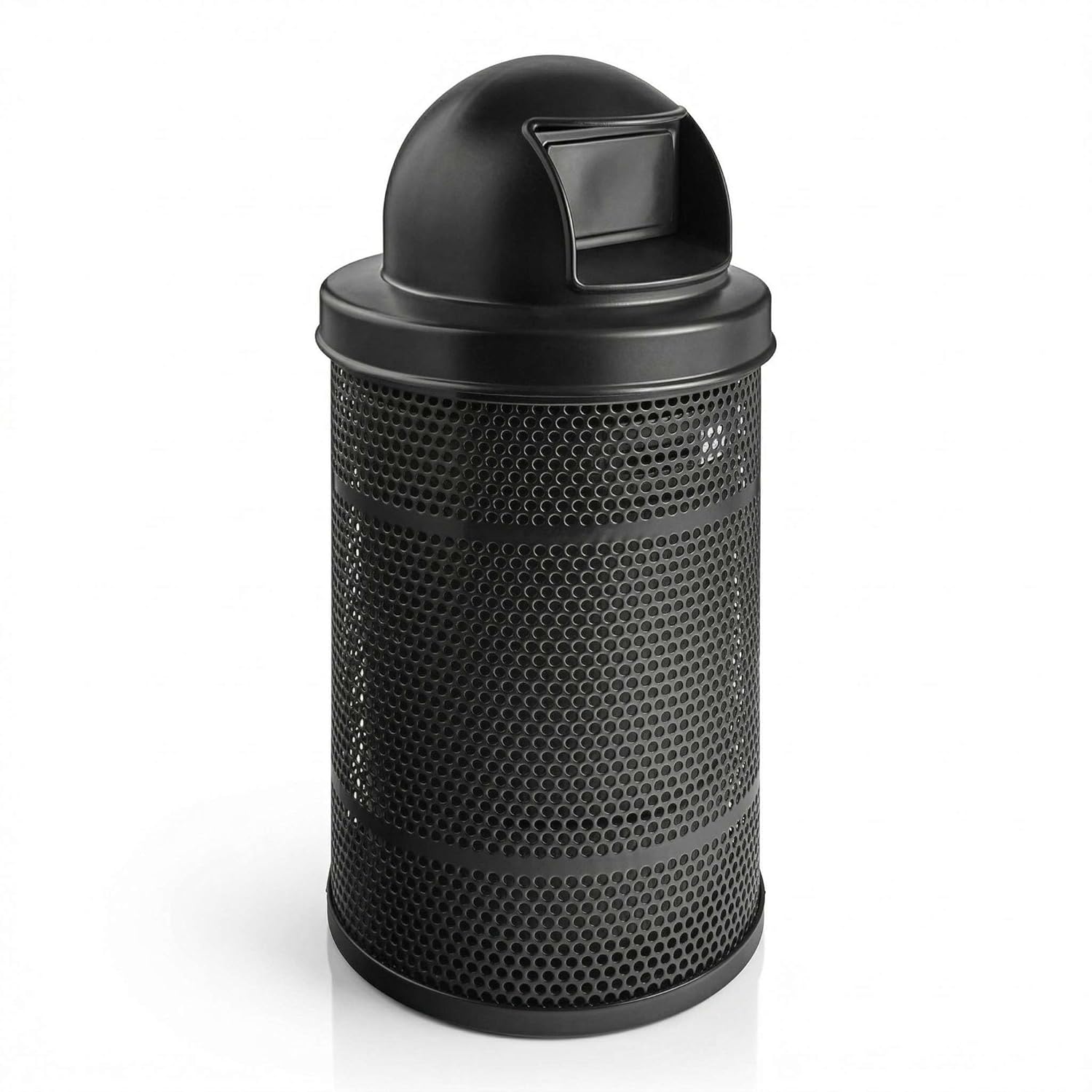55 Gallon Commercial Heavy-Duty Trash Can - Outdoor Steel Perforated Waste Receptacle with Plastic Dome Lid, Push Door, and Rigid Plastic Liner, Round Bin for Parks, Schools, and Municipalities