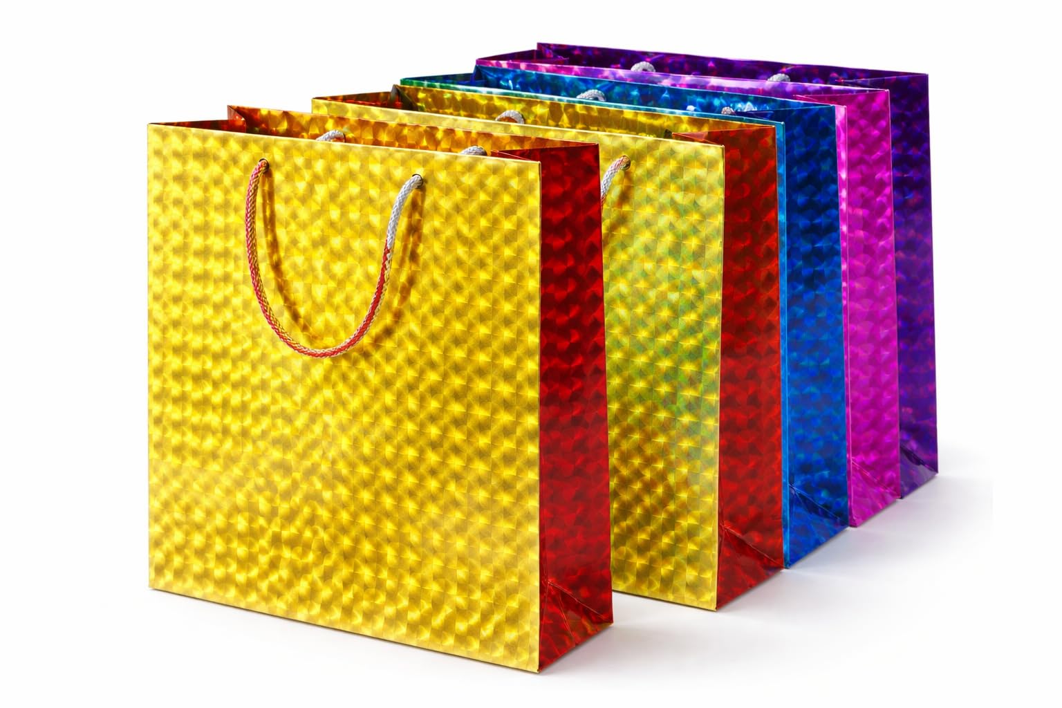 Holographic Gift Bags Medium, Foil Party Bags with Handles, Assorted Colour Paper Gift Bags for Presents, Birthdays, Party Favour Bags (21.5 x 18 x 7.5 cm) (40)