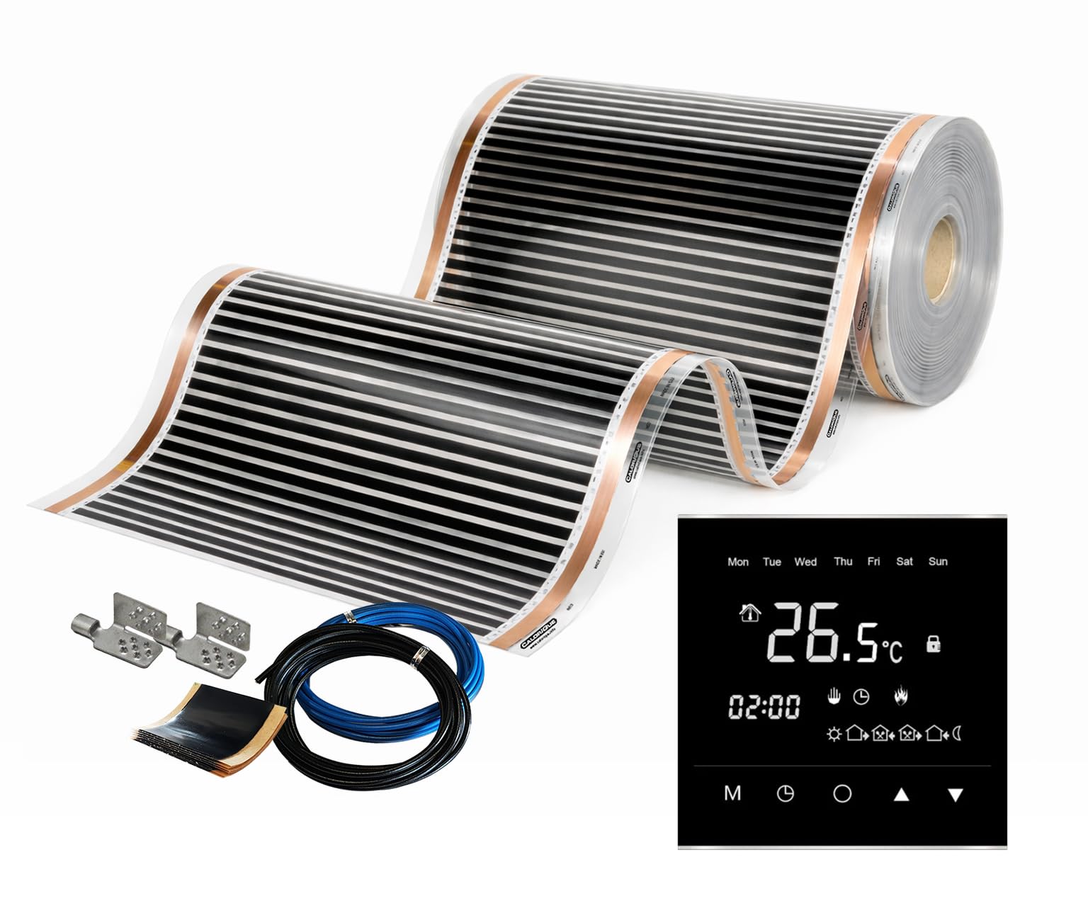 Película calefactora infrarroja Calorique NEO – Calefacción eléctrica por suelo radiante de 100 cm, 150 W/m² – Superficie: 15,0 m² – Incluye Termostato de pantalla táctil WarmLife