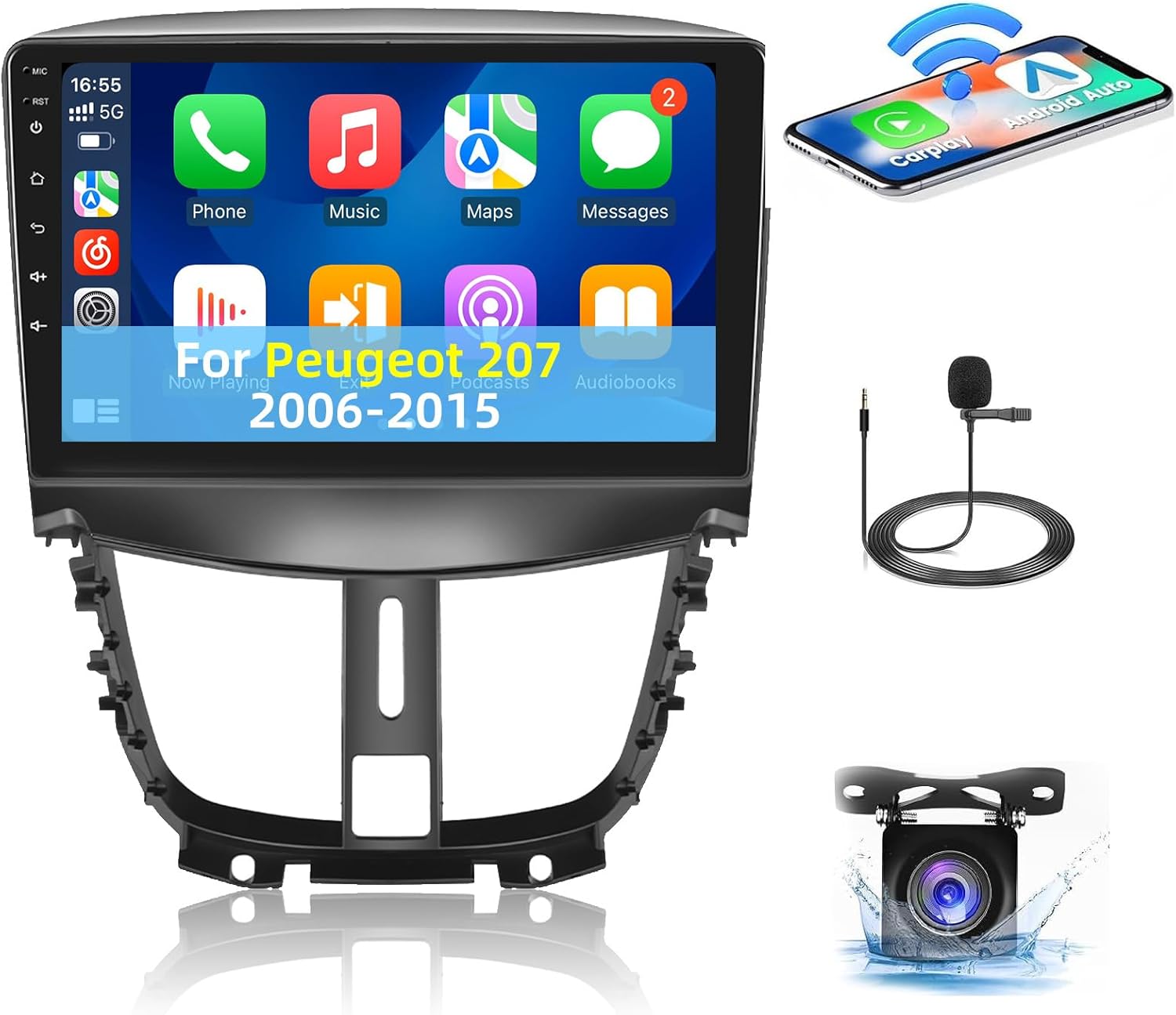 Autoradio 8CORE 4G+64G Pour Peugeot 207 (2006-2015) Avec Carplay Android Auto Sans Fil, écran Tactile IPS 9 Pouces, Android 13 DSP/BT/WiFi/FM/GPS