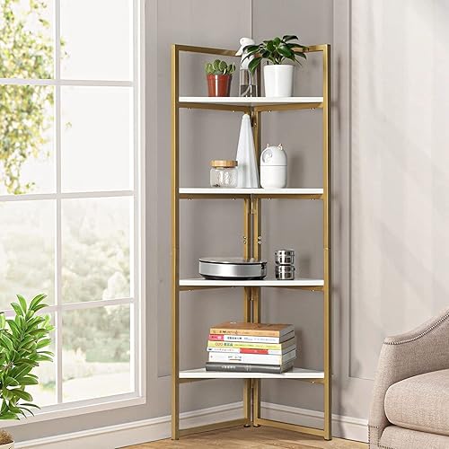 Miniatura 1 de Pabby Yard Estante esquinero de 4 niveles de pie de esquina blanca estantería pequeña de madera con marco de metal soporte de almacenamiento