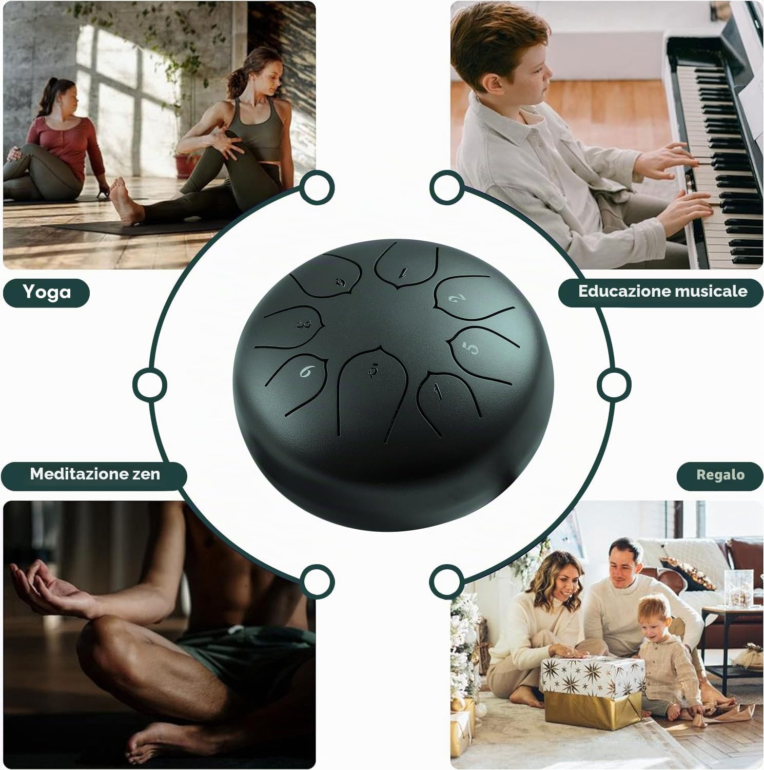 Set di tamburi da pioggia, strumento da giardino per esterni, 15,2 cm, 8 toni, tamburo a lingua d'acciaio, handpan, tamburo per meditazione, strumento musicale a campane (Verde scuro)