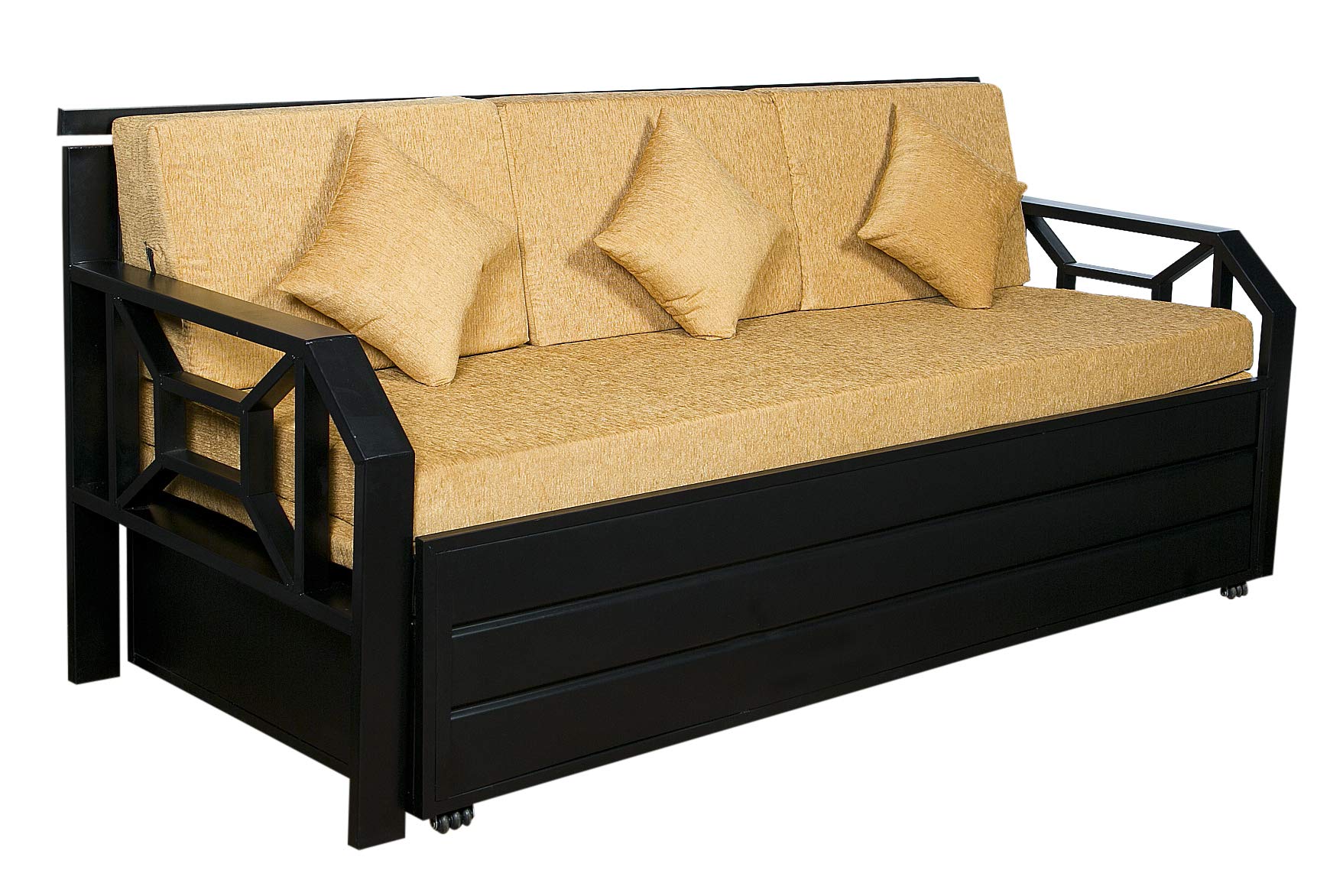 Metal Sofa Cum Bed with Storage, Golden Upholstery, King Size (6 * 6) Convertible Sofa Bed, Black Frame with Wheels, Living Room Furniture-image-42