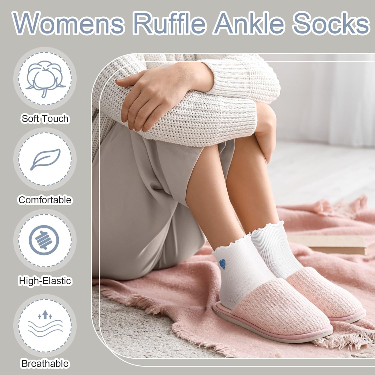 Cutecrop 8 Pairs Women's Heart Ruffle Socks Ankle Crew Cotton Socks Cute Heart Design, Breathable Soft, Gifts for Women Mother