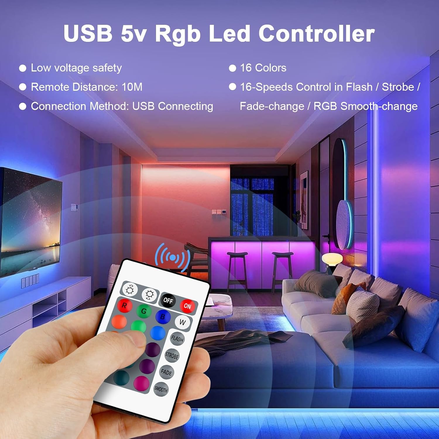 VIPMOON 1M USB DC 5V Inline IR Remote Controller with 24 Key Wireless Led Light Remote Controller Replacement for 5050 3528 5V RGB 4-PIN LED Strip Lights