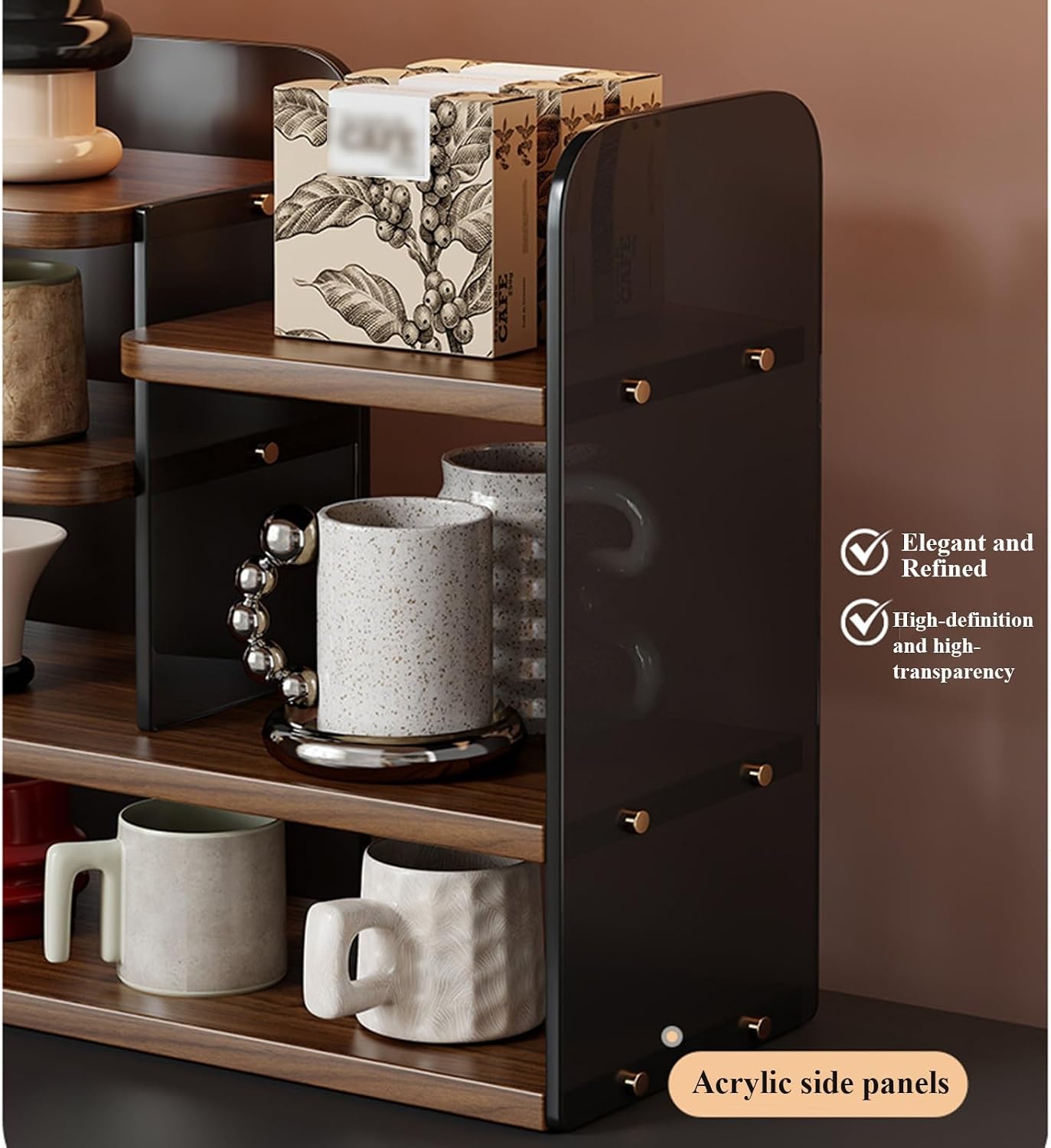 Coffee Mug Holder Cup Station Organizer, Elegant and Refined, High-Definition High-Transparency, Multifunctional Coffee Pod Organizer for Coffee Bar Decor,Walnut