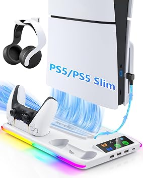 Honghao Controller Charger for PS5/PS5 Slim/Pro PS5 Stand Cooling Fan and Controller Charger Station, PS5/PS5 Slim/Pro Accessories Vertical Charging Dock for PlayStation 5 Console White