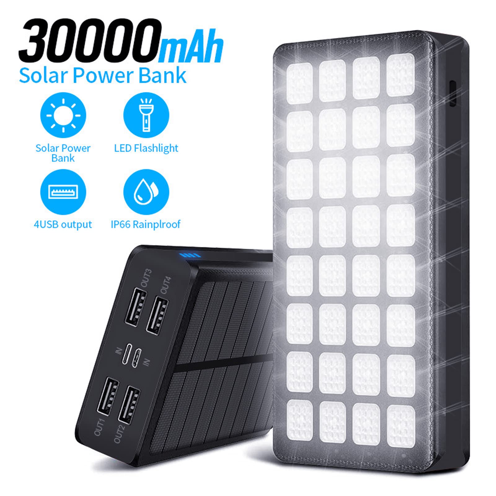 Power Bank Solare da 32 LED con 4 Porte USB, 30000 MAh, 3 modalità di Illuminazione, per Campeggio, Escursionismo e Avventure all'aria Aperta
