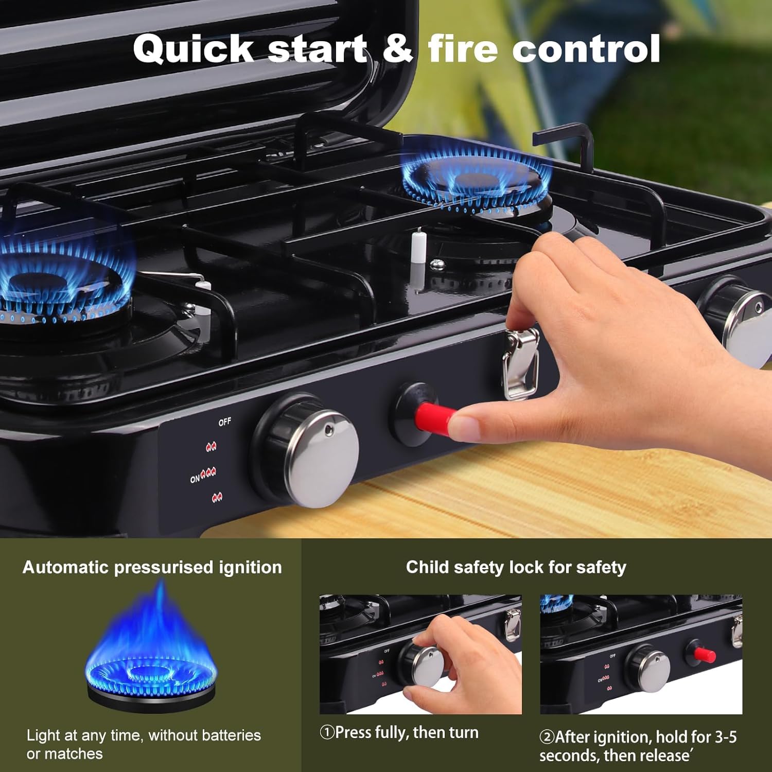 Réchaud Gaz-GPL Camping Portable 2 Feux, 4,4kW Rechaud Gaz Auto-Ignition, Tuyau PVC 150 cm + Régulateur 37 mbar - Réchaud Extérieur Couvercle Amovible pour Randonnée, Pêche, Pique-Nique(Noir)