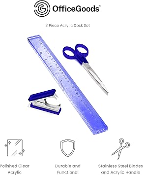 OfficeGoods 3 Piece Acrylic Desk Set - Includes Ruler, Staple Remover, Scissors - Functional & Elegant Desk Accessories - Stationery Tools for Home, Office, and School - Blue with Silver Metal