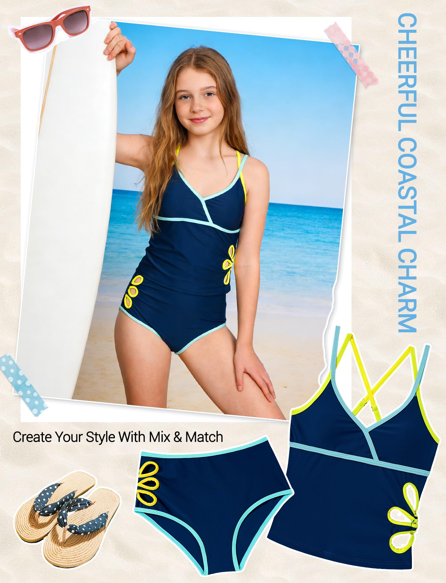 Maillot de Bain Tankini Fille Maillot de Natation Rembourré Extensible Ensemble Tankini Ajouré Bretelles Spaghetti 9-16 Ans