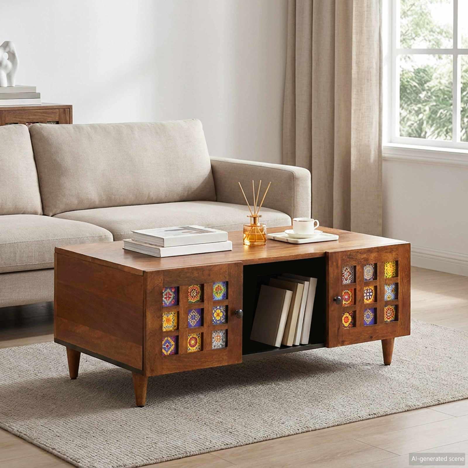 Stolik kawowy z litego drewna mango, brązowy, 100 x 54 x 40 cm, z miejscem do przechowywania, zawiasy drzwiowe, wszechstronny, trwały, nowoczesny design, idealny do salonu, stolika