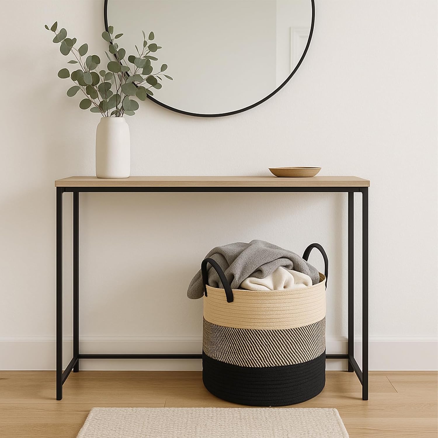 ShellKingdom Laundry Basket, Large Natural Rope Woven Storage Basket with Handles for Home, Living Room, Laundry, Storage Organizer for Blankets, Clothes, Toys, 19.7 x 14.9 INCH (3-Toned Khaki Black)