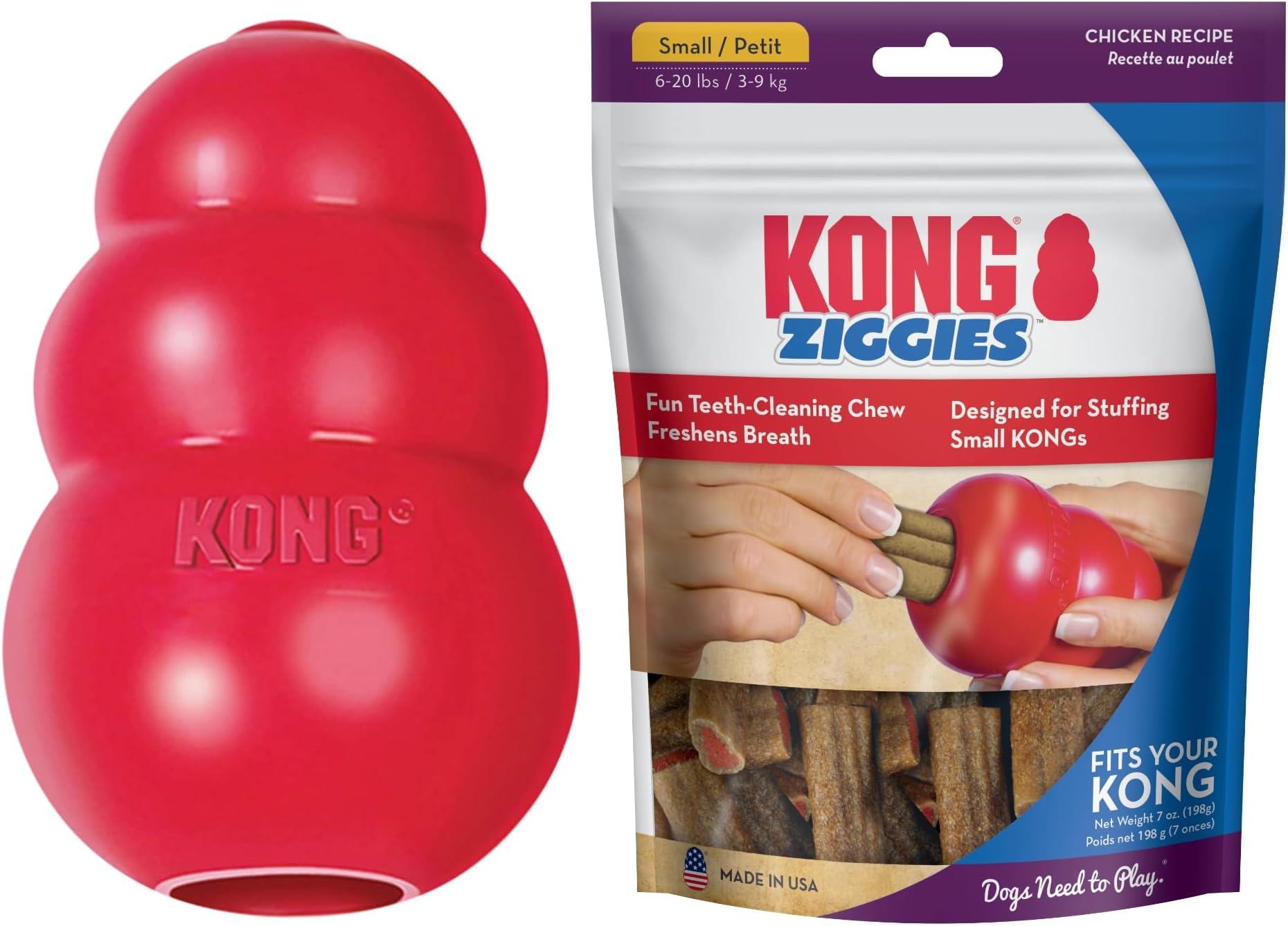 KONG Classic Toy & Ziggies Treats Combo Pack - Durable Chew Toy for Dogs - with Ziggies Chicken-Flavored Treats - Dog Accessories for Fun & Health - for Small Dogs