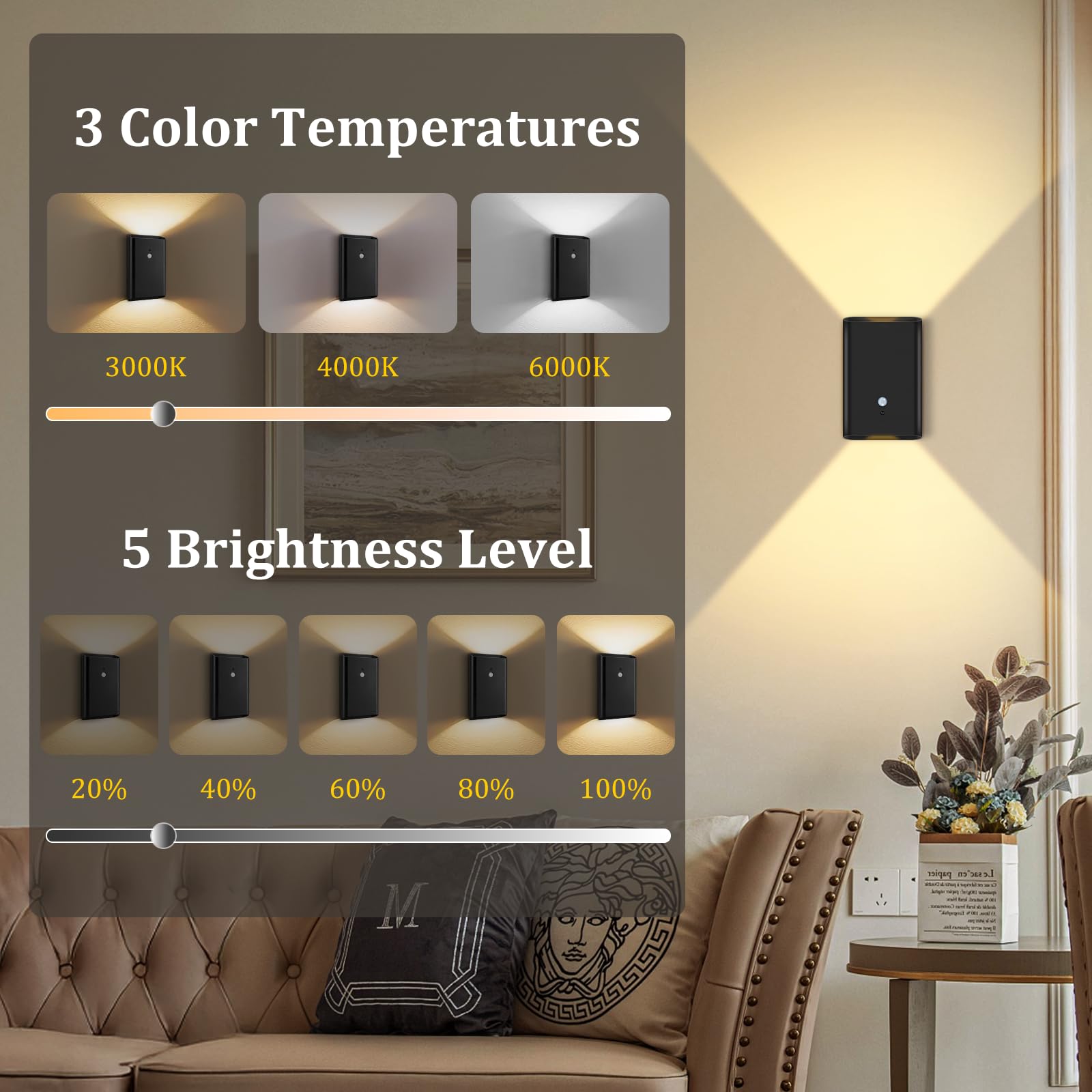 Lámpara de pared con sensor de movimiento a batería: Aplique de pared inalámbrico recargable de 5000 mAh, juego de 2 lámparas de pared LED magnéticas para interiores arriba y abajo para dormitorio 7