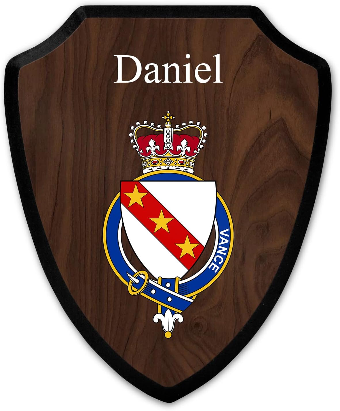 HARD EDGE DESIGN Family Coat of Arms Heritage Shield Plaque, Scottish Garter Family Grant with Dark Wood Background
