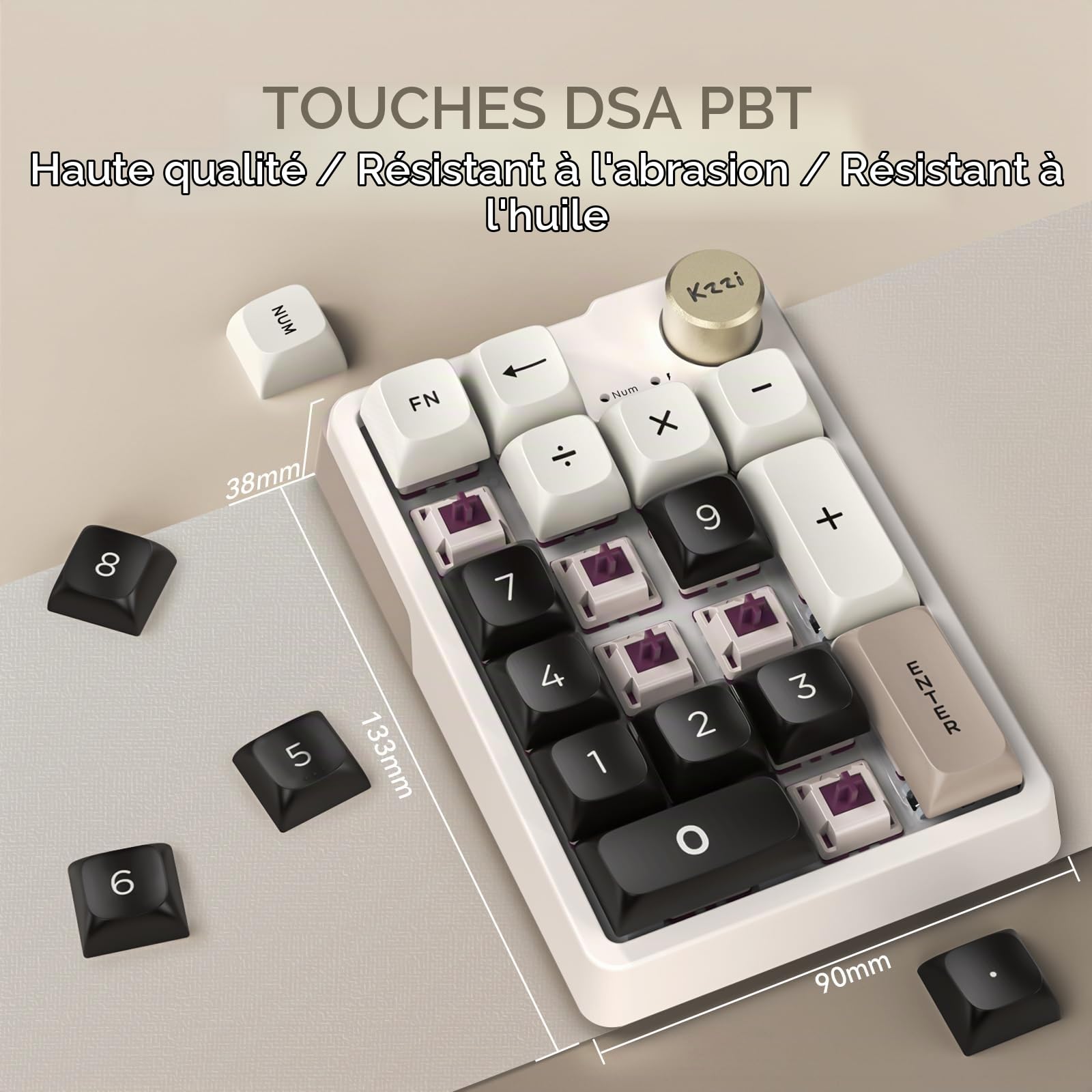 KZZI K20 Pavé numérique mécanique sans Fil – Rechargeable Tri-Mode (BT3.0/2.4G/USB-C), Rétroéclairage RVB, Molette en Aluminium, Échangeable à Chaud – Gris étoilé