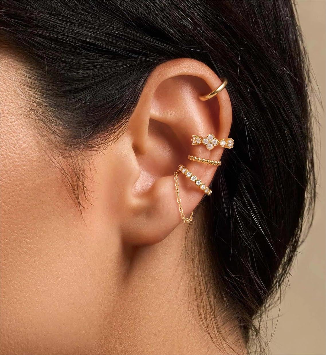 14K Gold Plated Ear Cuff Earrings for Women, Dainty Ear Cuffs Non Piercing Clip on Earrings Trendy Non pierced Cubic Zirconia Fake Hoop Earring Jewelry Sets for Women