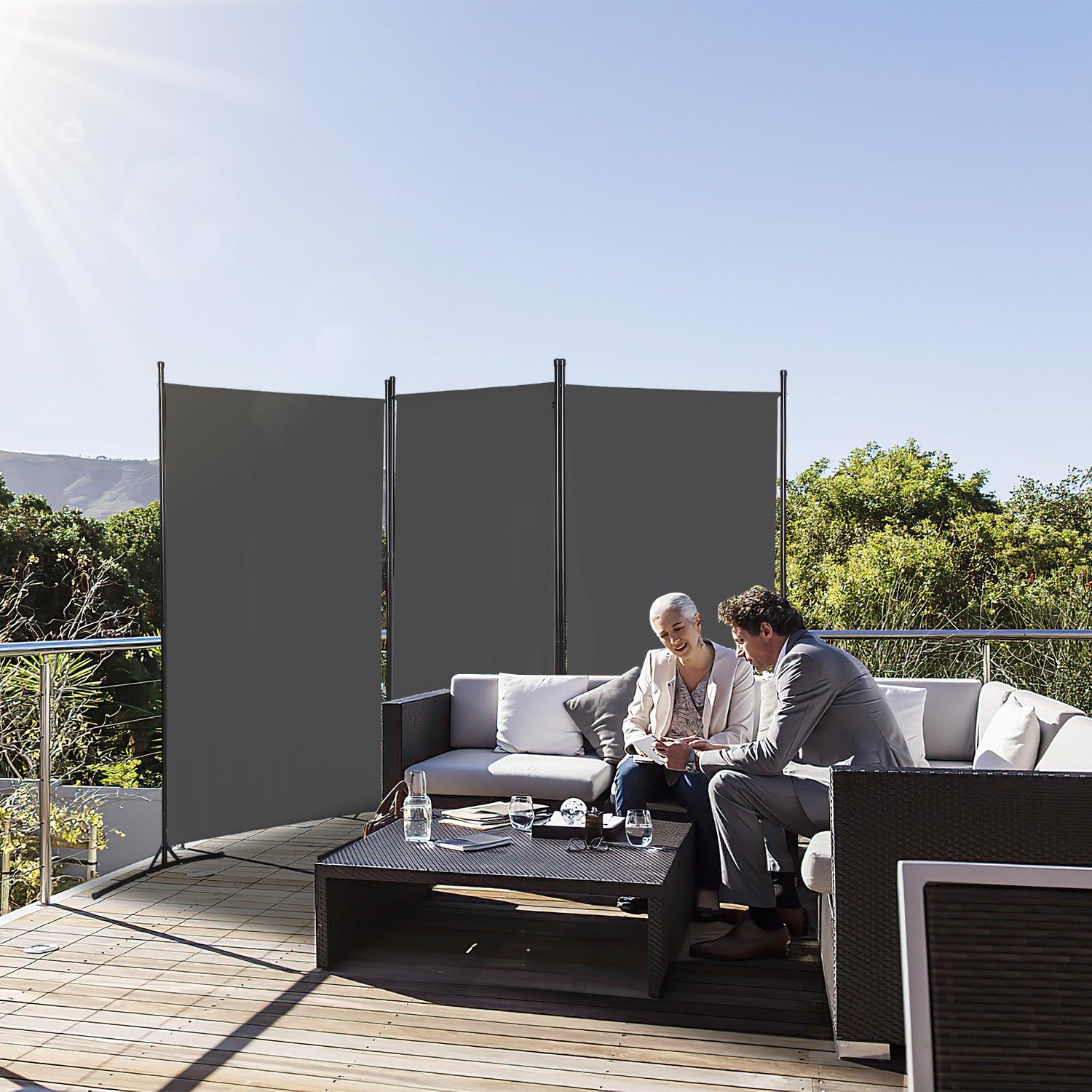 Paravent 3 Panneaux 260 x 180 cm, Brise-Vue Gris Foncé | Paravent autoportant et brise-vue pour intérieur, jardin, balcon, terrasse, bureau, salle de bain et cabine d’essayage.