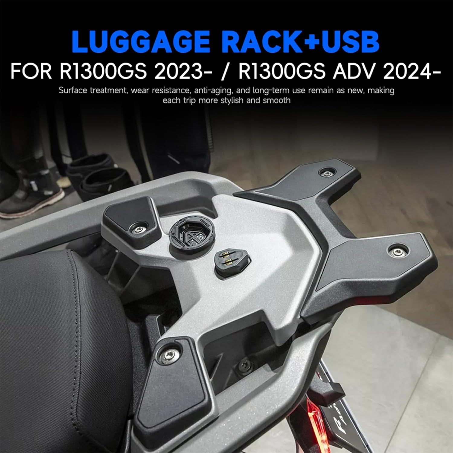Motorcycle Rear Luggage Rack with USB Charge Port for BMW R1300GS R 1300 GS/R 1300GS ADV 2023 2024 2025 Top Case Rear Carrier Support Tail Storage Box Trunk Bracket (Black)