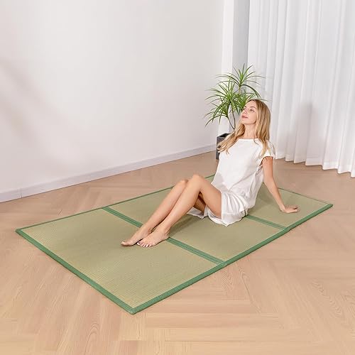 Miniatura 2 de MAXYOYO Tapete de tatami japonés 100% de hierba rush, portátil, plegable, colchón de futón, cama de suelo tradicional firme de 79 x 39 x 0.47