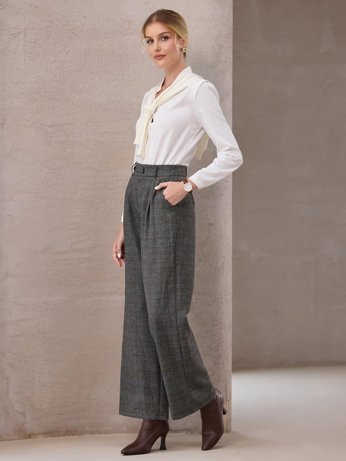 Women's Plaid Work Pant Vintage Houndstooth Wide Leg Straight Long Trousers