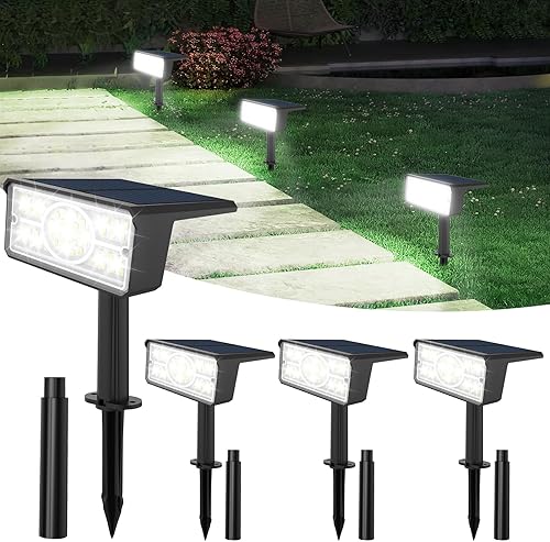 T-SUN Focos solares para exteriores, paquete de 4 unidades, 49 LED, 2 modos de iluminación, focos de paisaje impermeables IP65, luces solares de