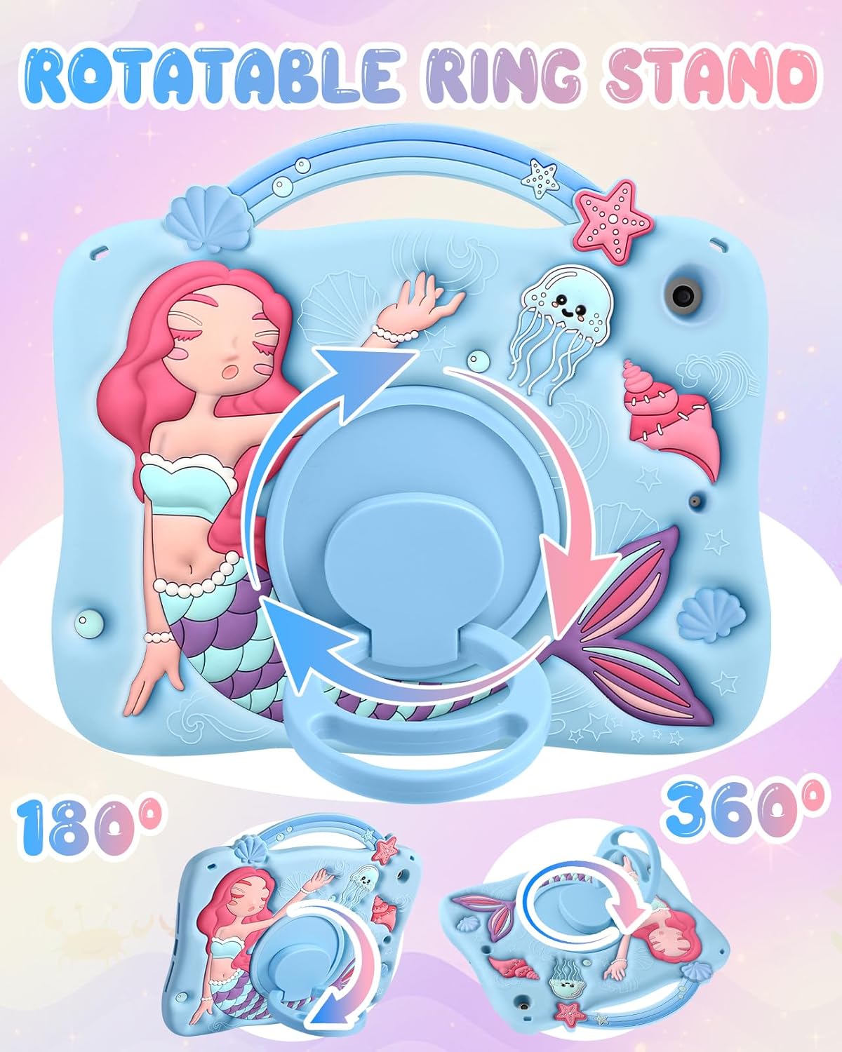 Boaretiu for iPad 9th Generation Case 10.2 Inch - 3D Cute Cartoon Blue Mermaids for iPad 7th/8th/9th Gen Girls Teens Soft Silicone Tablet Cover with Strap & Rotating Stand