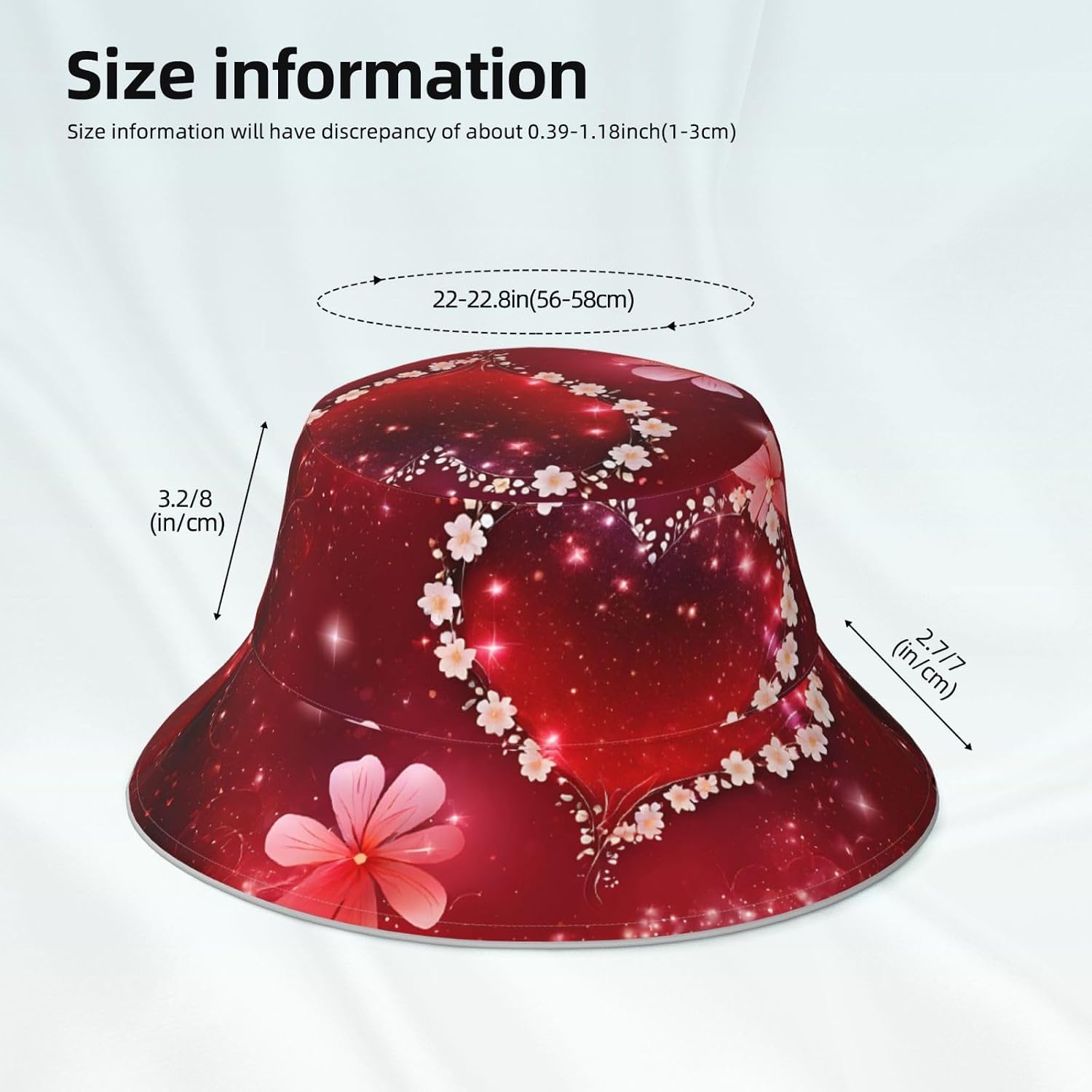 (Romantic Heart) Reflective Reversible Bucket Hat Foldable Breathable Stylish Two-Way Wear for Outdoor Travel Daily Activities Black