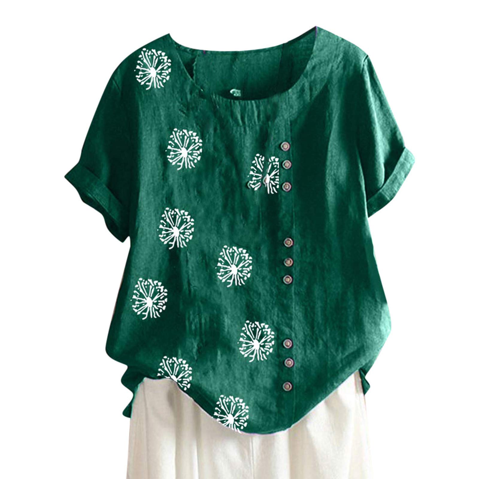 NUSGEAR 2021 Nuevo Camiseta de Mujer, Verano Moda Flores Impresión Manga Corta Algodón y Lino Elegante Cómodo Blusa Talla grande Camisa Cuello Redondo Camiseta Casual Suelto Tops Fiesta T-Shirt Original tee