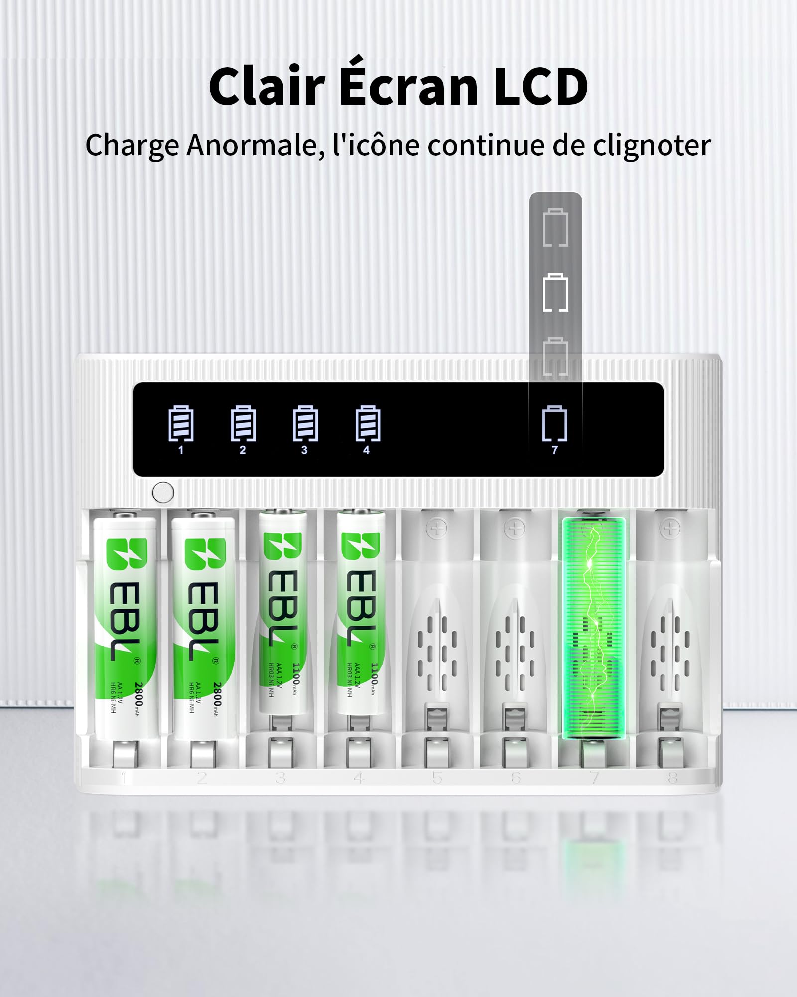 EBL LCD Chargeur de Piles Rechargeables- avec 4PCS AA 2800mAh et 4PCS AAA 1100mAh Piles Rechargeables, Charge Rapide 5V/2A, avec Fonction de Décharge