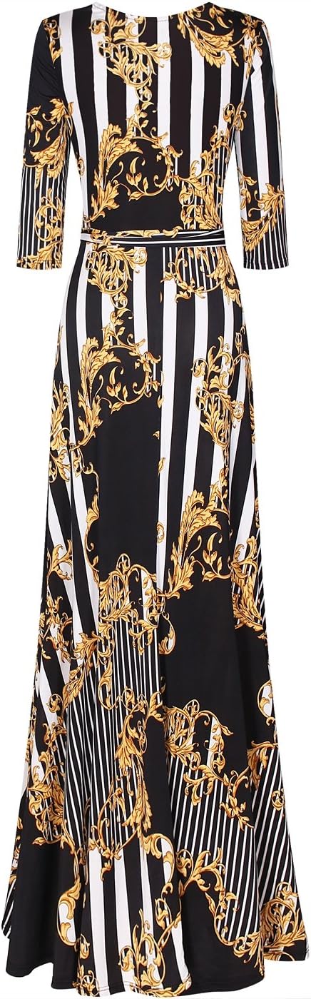 Women's Super Stretchy Maxi Party Dress Spring Floral Print Faux Wrap 3/4 Sleeve V-Neck - Image 3